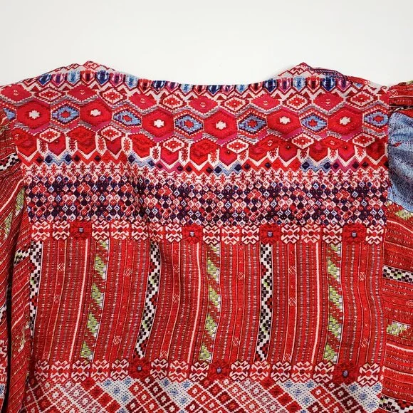 UMGEE Women Mini Dress L Red Tribal Boho 3/4 Sleeve Tassels Cotton Blend… - Picture 9 of 11